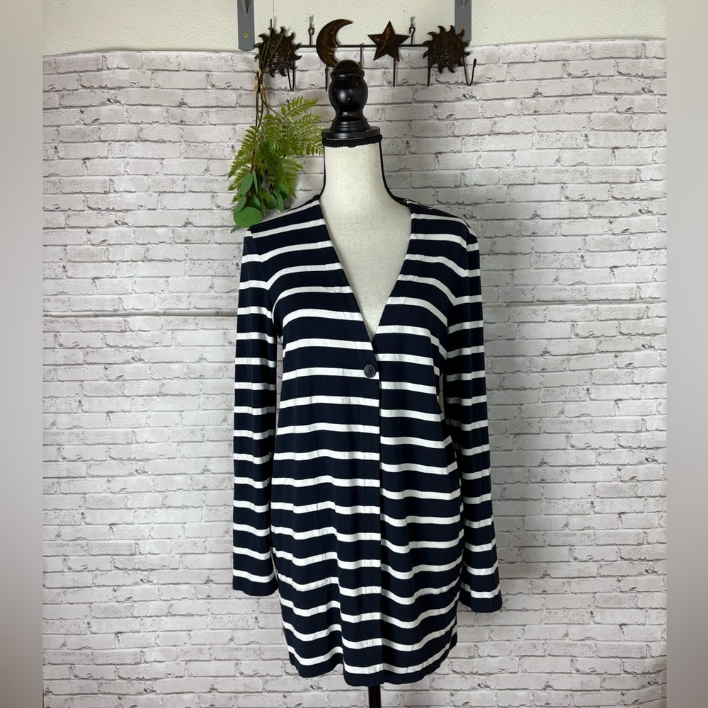 J. Jill Lightweight Navy Striped Button Closure Longline Cardigan